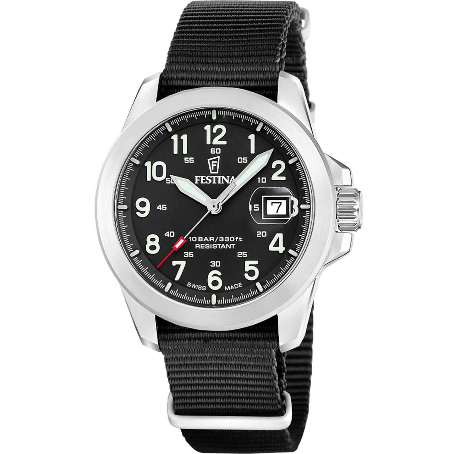 Festina Herrenuhr mit schwarzem Textilarmband und schwarzem Zifferblatt