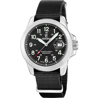 Festina Herrenuhr mit schwarzem Textilarmband und schwarzem Zifferblatt