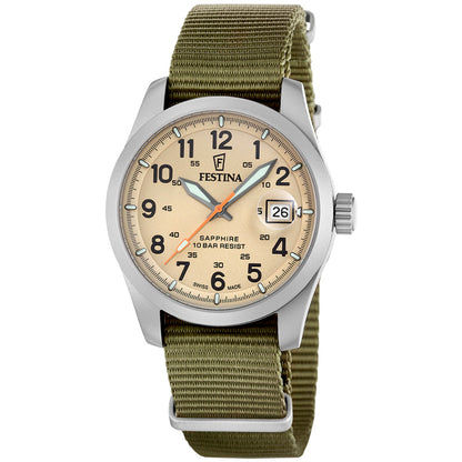 Festina Herrenuhr mit grünem Textilarmband und analogem Zifferblatt