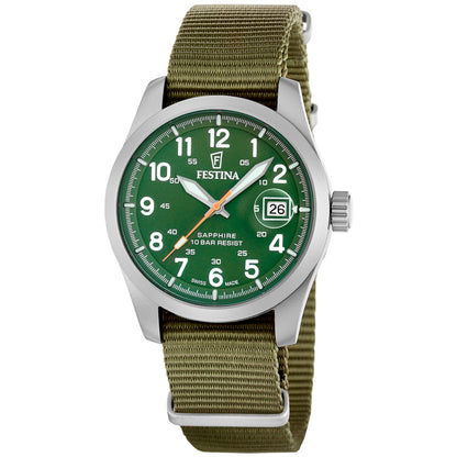 Festina Field Herrenuhr: grünes Zifferblatt mit Datumfenster, olivfarbenes Textilarmband