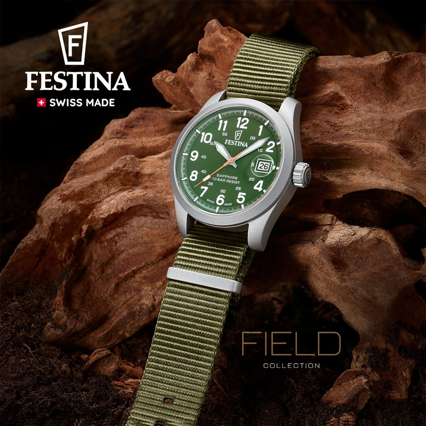 Festina Field Herrenuhr mit grünem Zifferblatt und olivgrünem Textilarmband