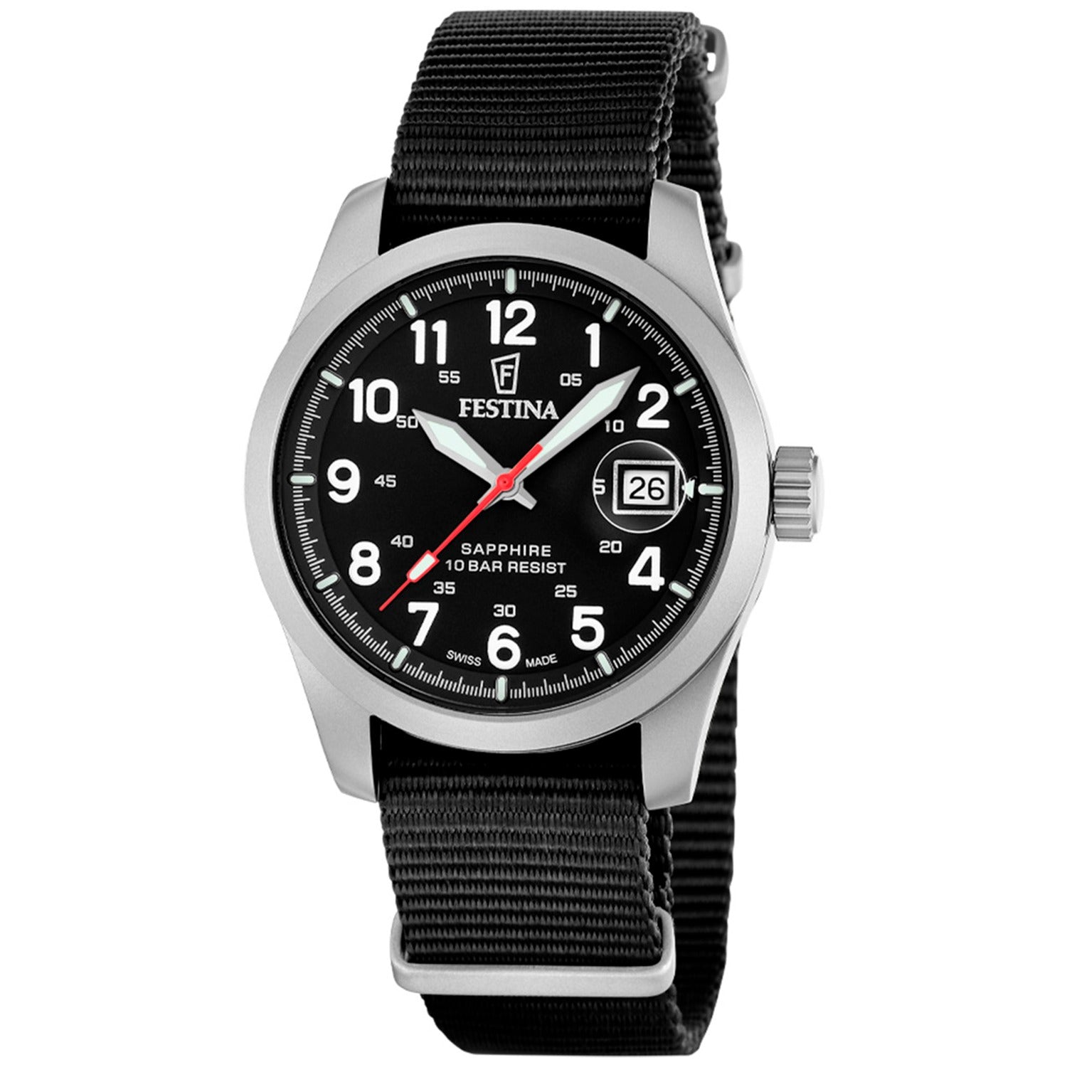 Herrenarmbanduhr mit schwarzem Textilband, silbernem Gehäuse und Datumsanzeige im Zifferblatt