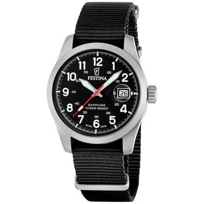 Herrenarmbanduhr mit schwarzem Textilband, silbernem Gehäuse und Datumsanzeige im Zifferblatt