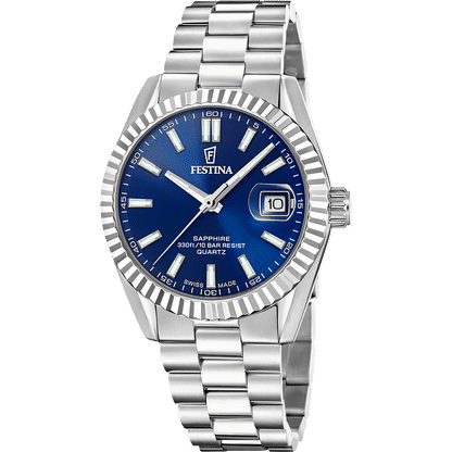 Festina Herrenarmbanduhr mit silbernem Stahlband, blauem Zifferblatt und Datumsfenster