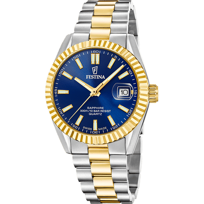 Festina Herrenuhr bicolor mit blauem Zifferblatt und Saphirglas, Schweizer Quarzwerk