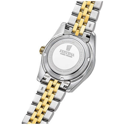 Festina Damenuhr Rückseite mit Stahlgehäuse und bicolor Gliederarmband.