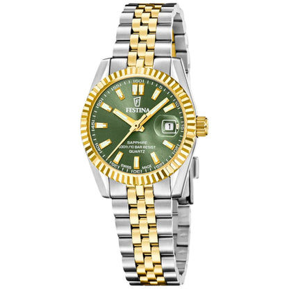Festina Damenuhr mit bicolor Stahlarmband, moosgrünem Zifferblatt und Saphirglas.