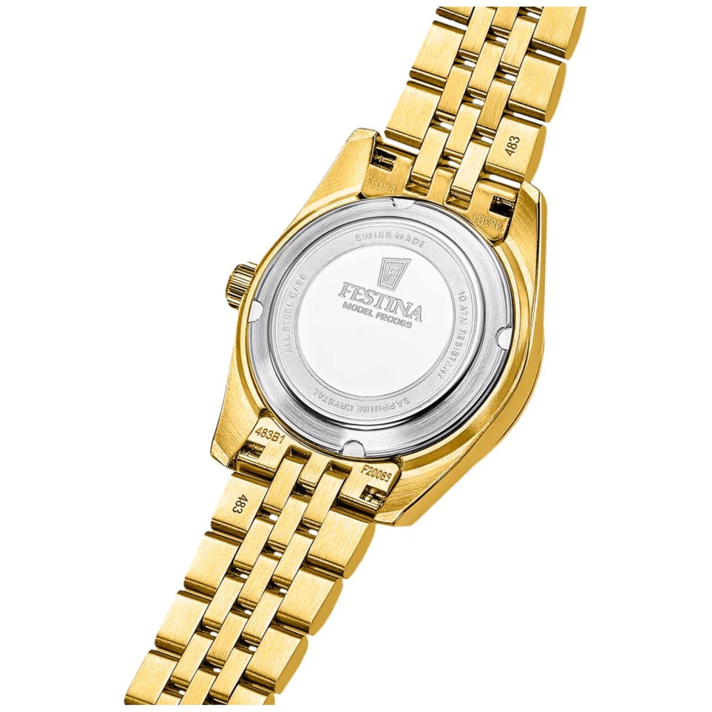 Rückansicht: goldfarbene Damenuhr mit Edelstahl-Gliederarmband und Gehäuseboden