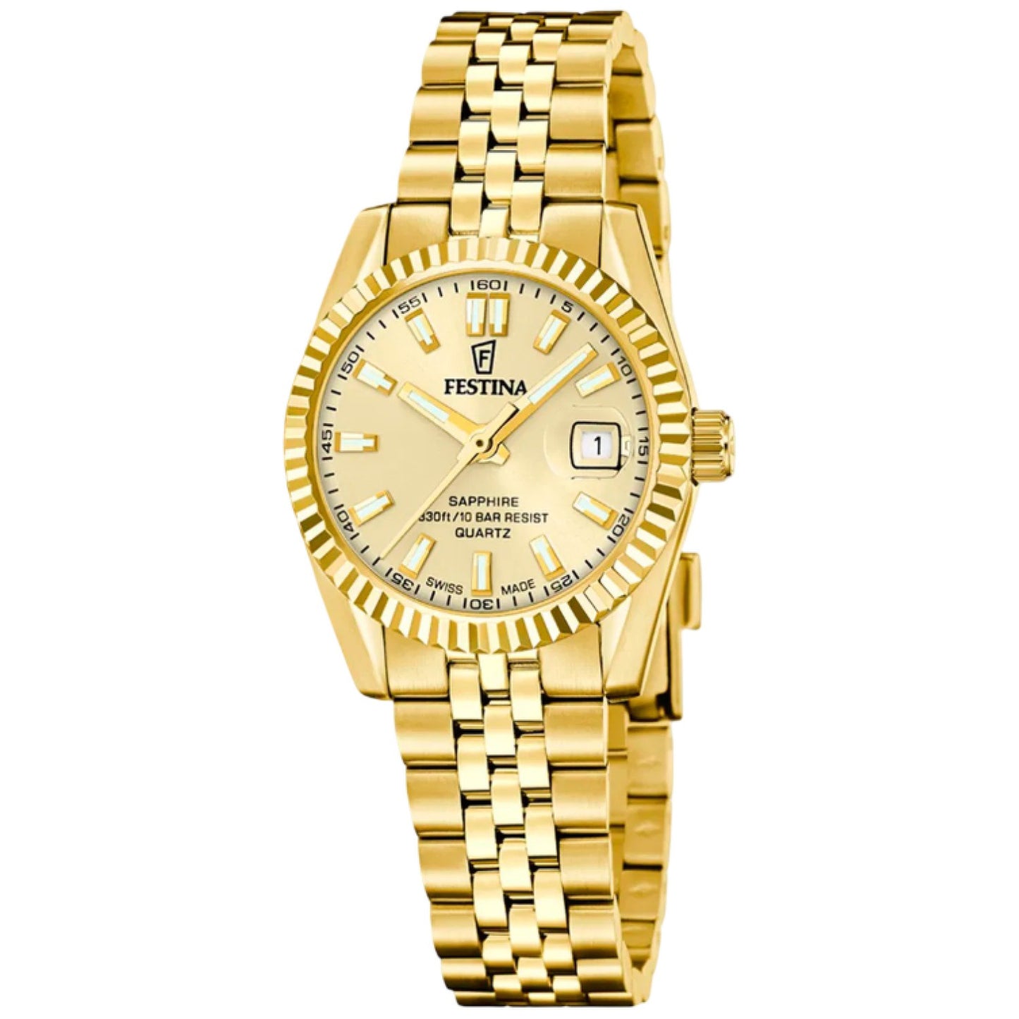 Goldfarbene Damenarmbanduhr mit gegliedertem Metallband und weißem Ziffernblatt