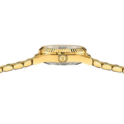 Gehäuseoberseite goldfarbene Damenuhr mit geripptem Lünette und Gliederarmband