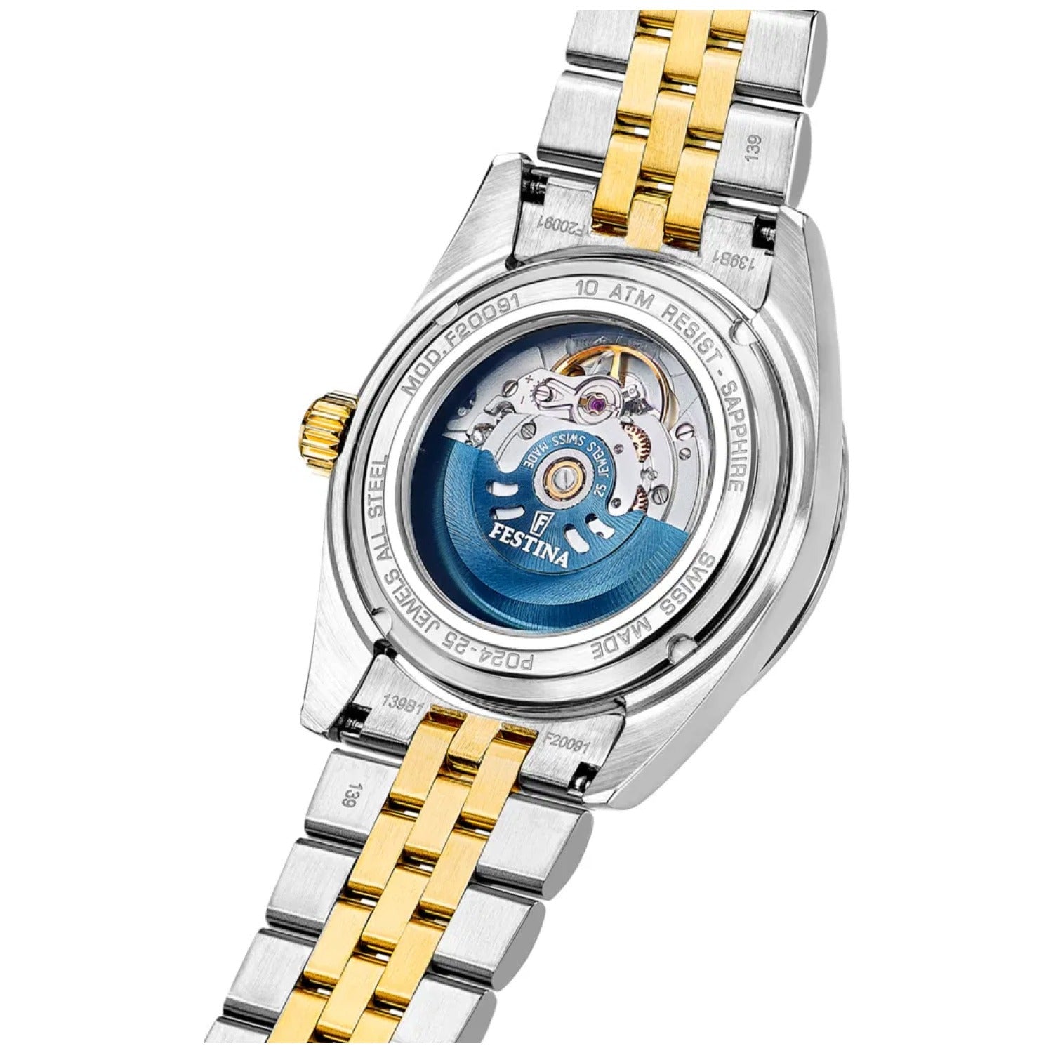 Rückseite einer Herrenuhr mit silber-goldfarbenem Band und sichtbarem Automatikwerk