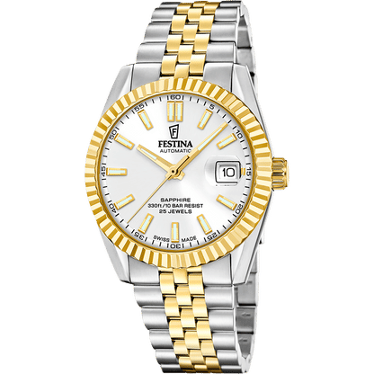 Festina Herrenarmbanduhr mit zweifarbigem Edelstahlband, weißem Zifferblatt und Datumsanzeige.