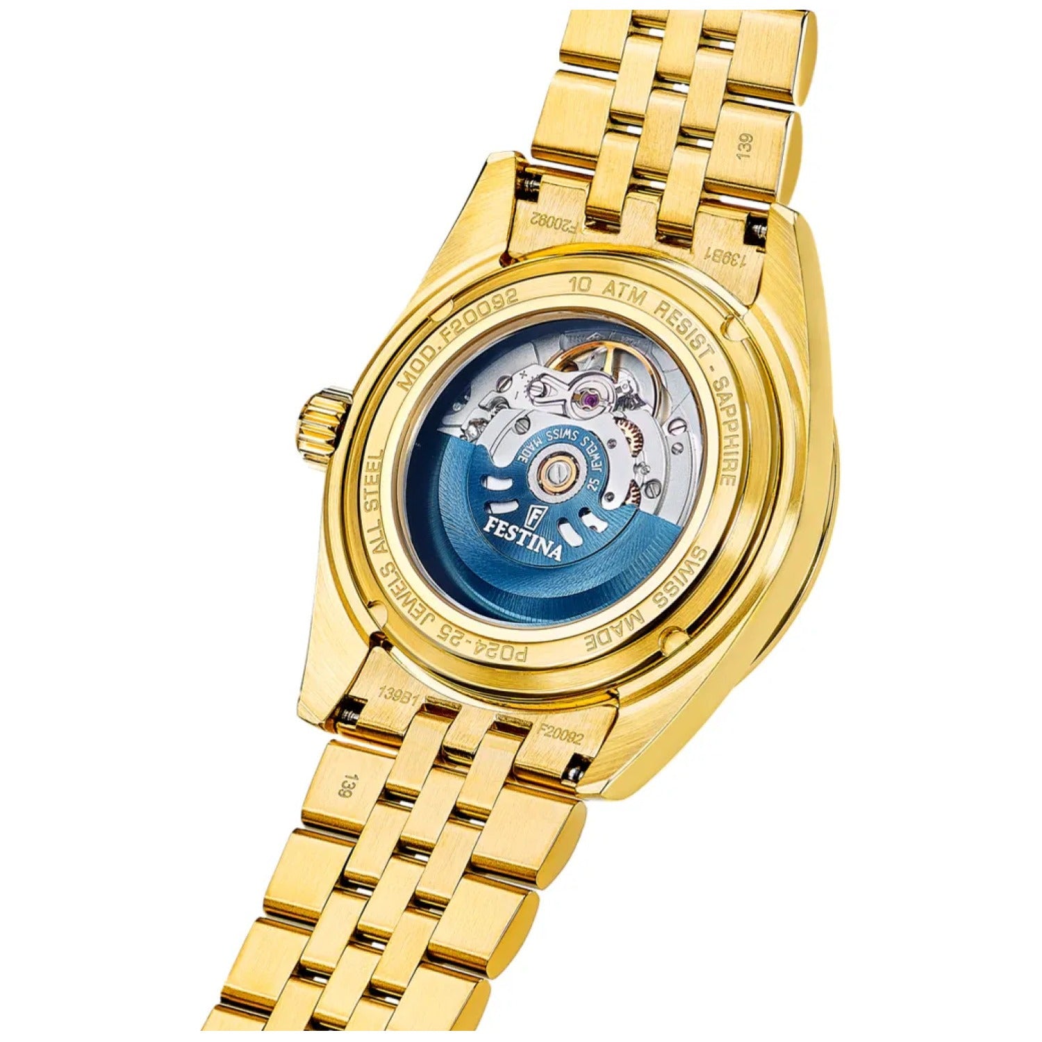 Festina-Herrenuhr mit goldenem Band, sichtbarem Glasboden und Automatikkaliber