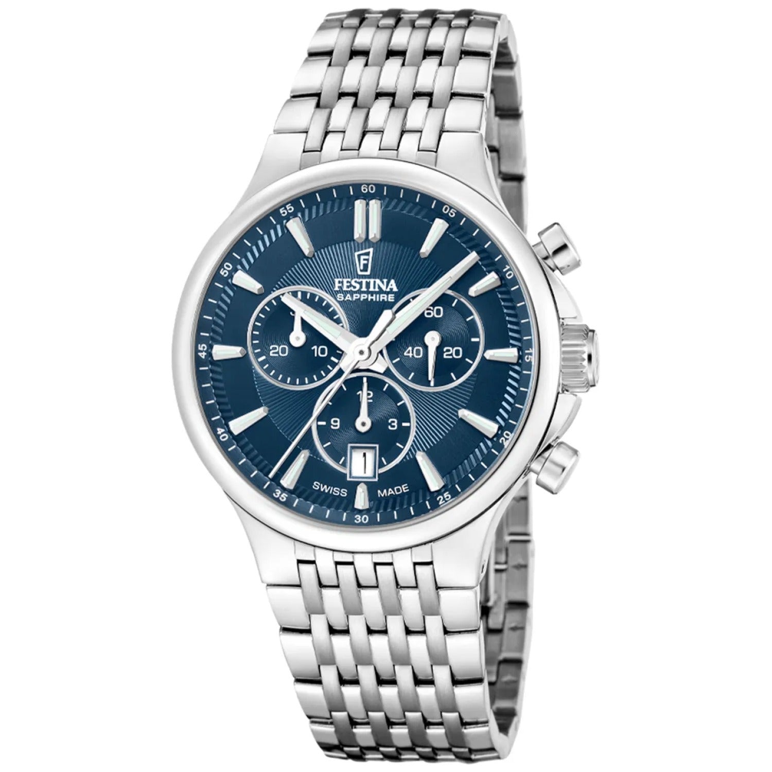 Festina Herrenuhr mit Chronograph, blauem Zifferblatt und Edelstahlband
