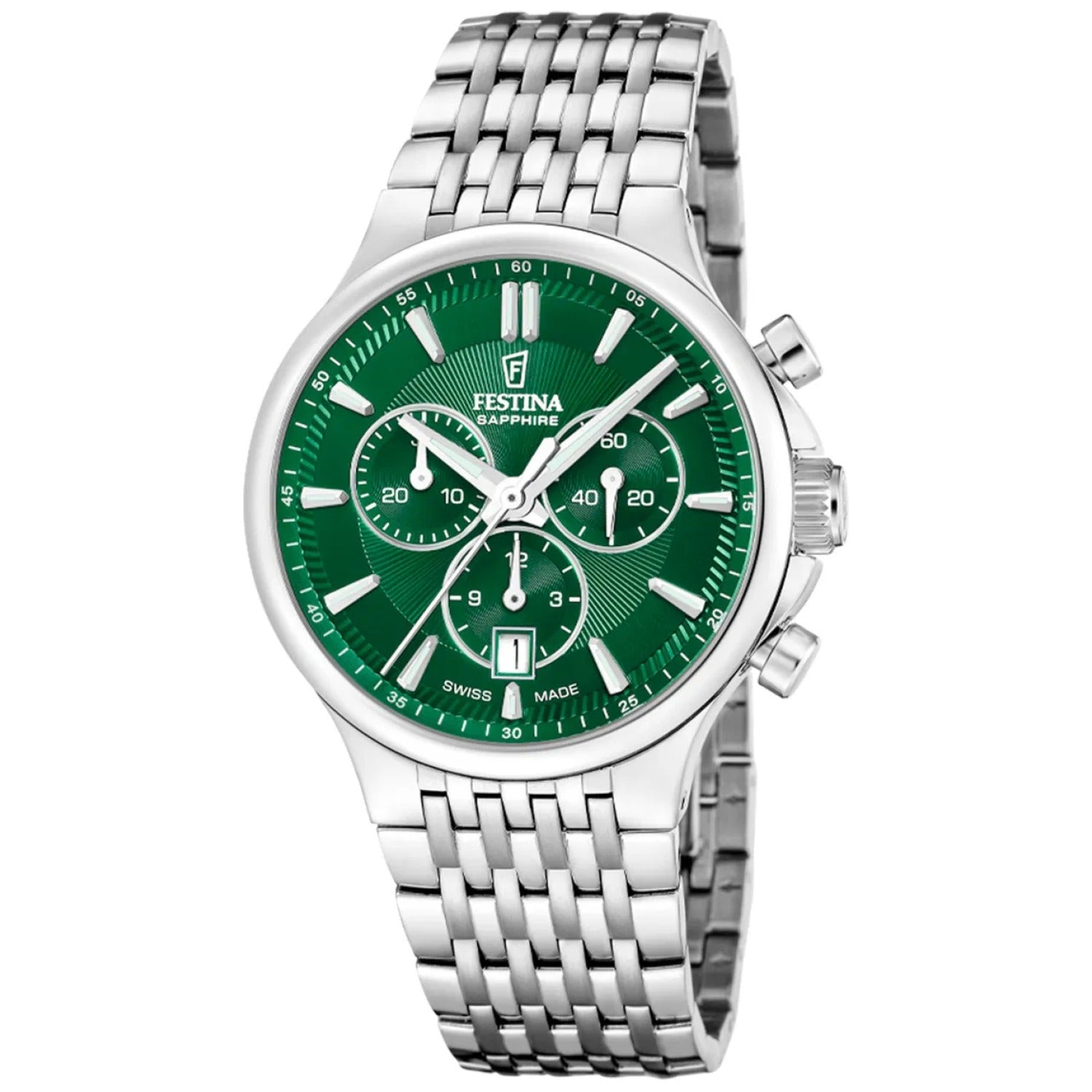 Festina Herrenuhr mit grünem Zifferblatt und Edelstahlarmband, Chronograph
