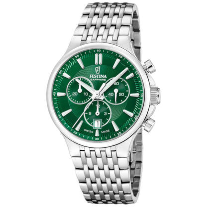 Festina Herrenuhr mit grünem Zifferblatt und Edelstahlarmband, Chronograph