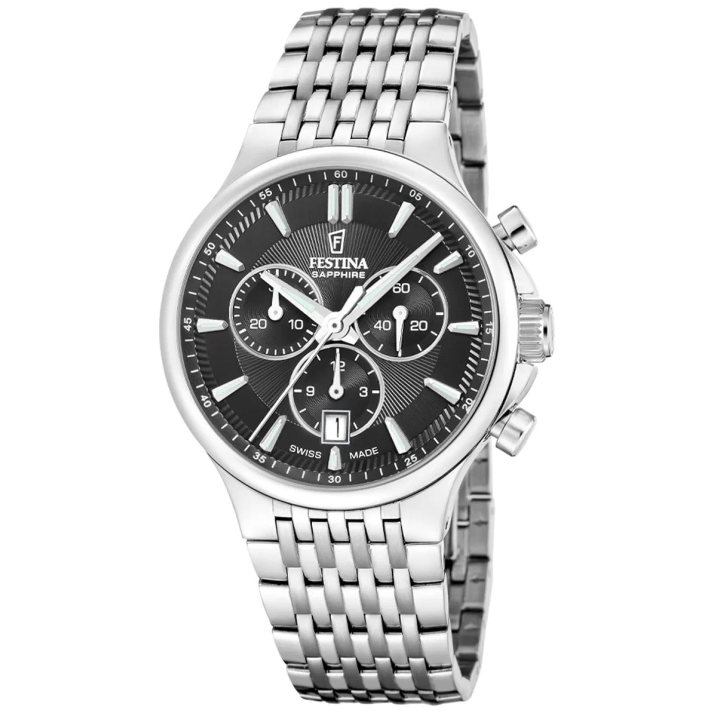 Herren-Chronographuhr mit schwarzem Zifferblatt und Edelstahlarmband, Saphirglas