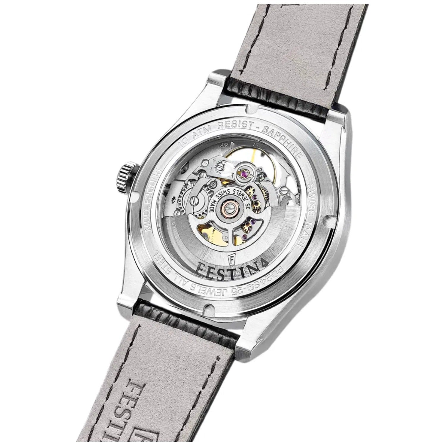 Festina Herrenuhr mit sichtbarem Automatikwerk im Gehäuseboden und hellgrauem Lederarmband