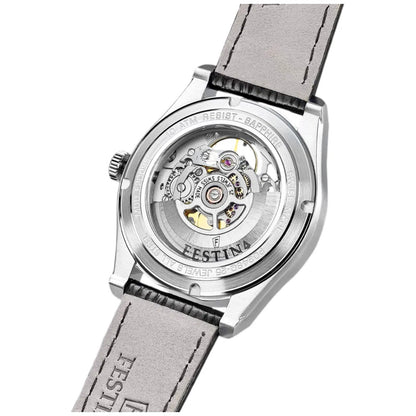 Festina Herrenuhr mit sichtbarem Automatikwerk im Gehäuseboden und hellgrauem Lederarmband