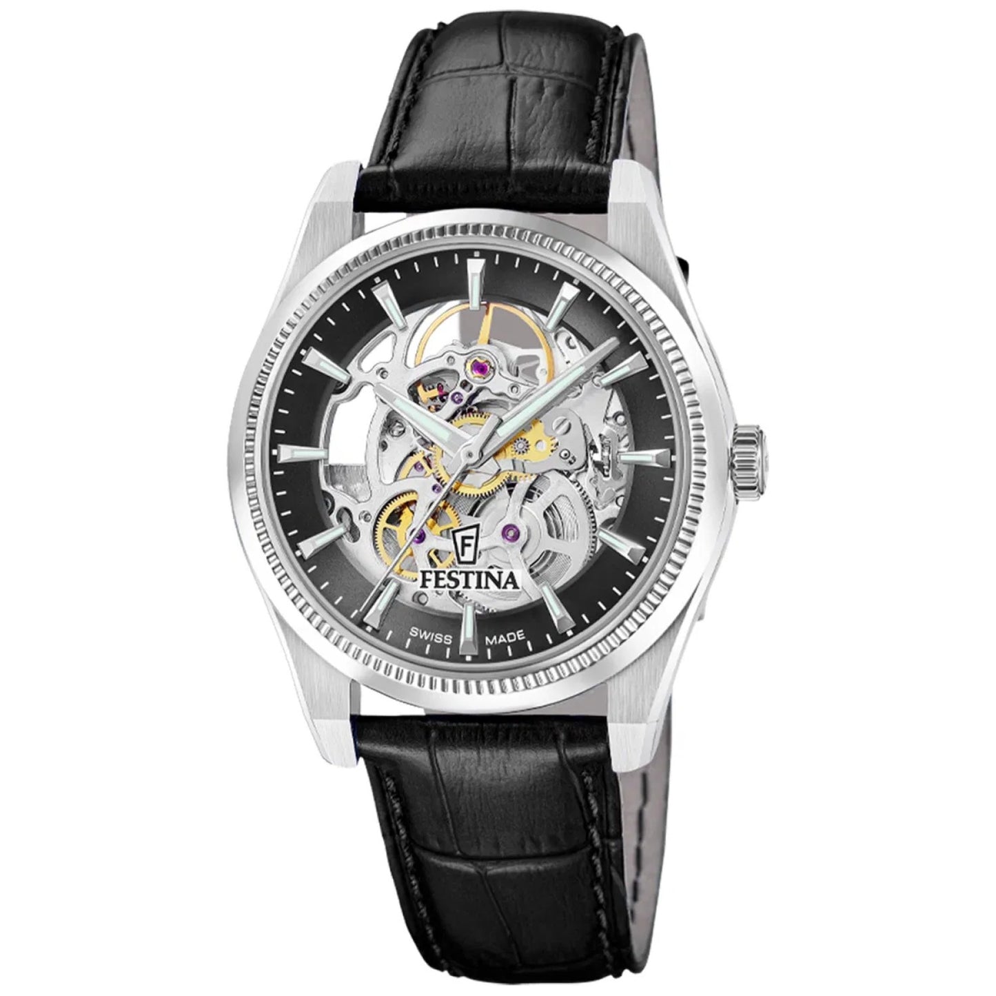 Festina Herrenuhr mit schwarzem Zifferblatt, Skelettwerk und schwarzem Lederarmband