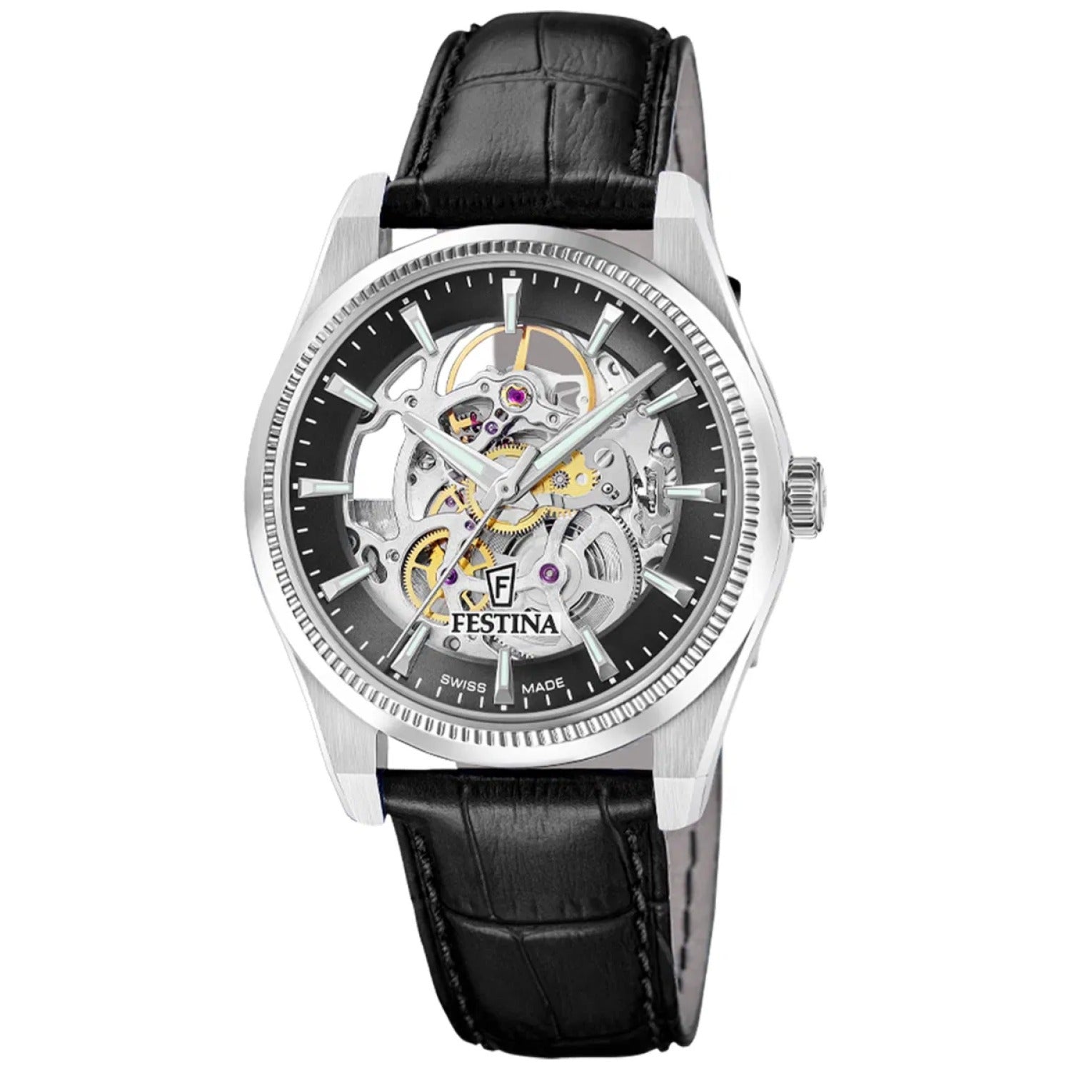 Festina Herrenuhr mit schwarzem Zifferblatt, Skelettwerk und schwarzem Lederarmband
