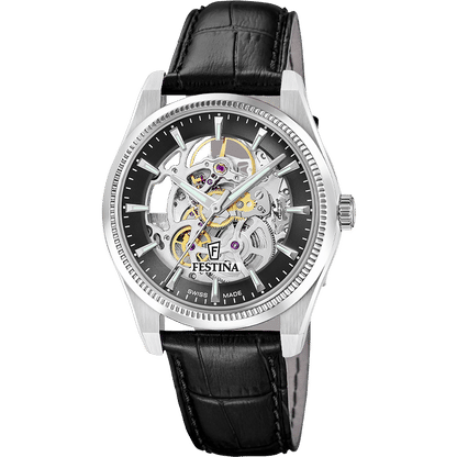 Festina Herrenautomatikarmbanduhr mit Skelettzifferblatt, schwarzem Lederband und Edelstahlgehäuse