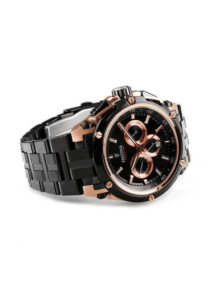 Herrenuhr seitlich, schwarzes Edelstahlarmband mit roségoldfarbenen Gehäuseelementen