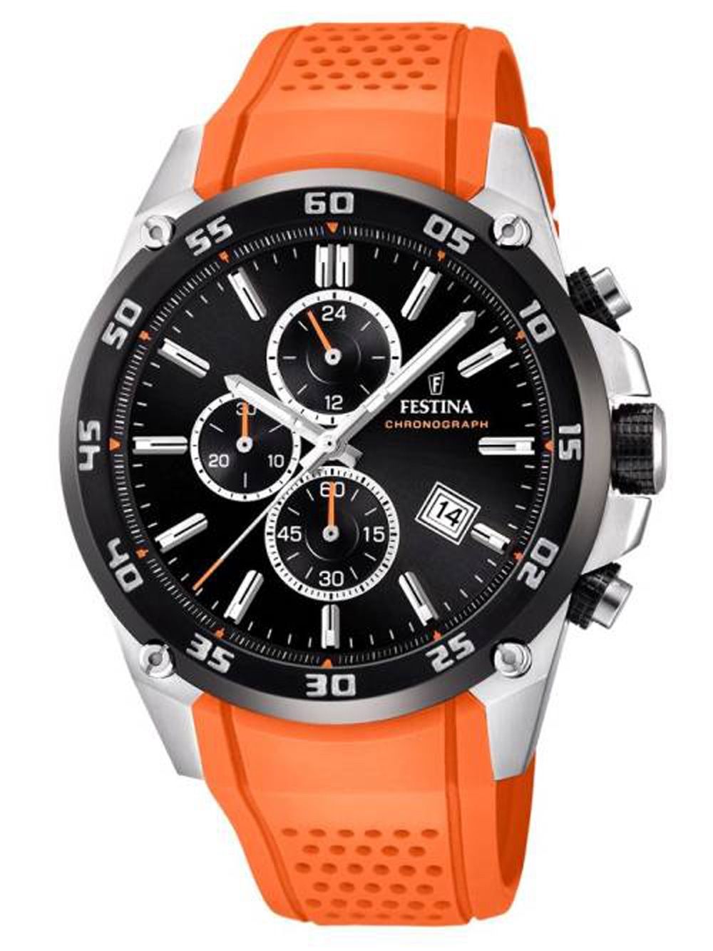 Festina Herren-Armbanduhr mit Chronograph, schwarzem Zifferblatt und orangefarbenem Silikonband