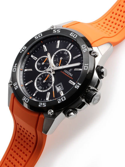 Festina Herren-Armbanduhr, Chronograph mit schwarzem Zifferblatt und orangefarbenem Silikonband