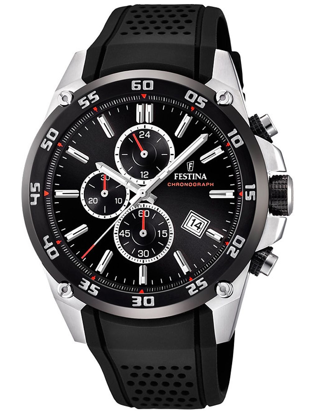 Festina Herrenuhr mit Chronograph, schwarzem Gehäuse und Kautschukarmband