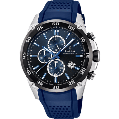 Festina Herrenuhr mit Chronograph, blauem Zifferblatt und dunkelblauem Silikonband