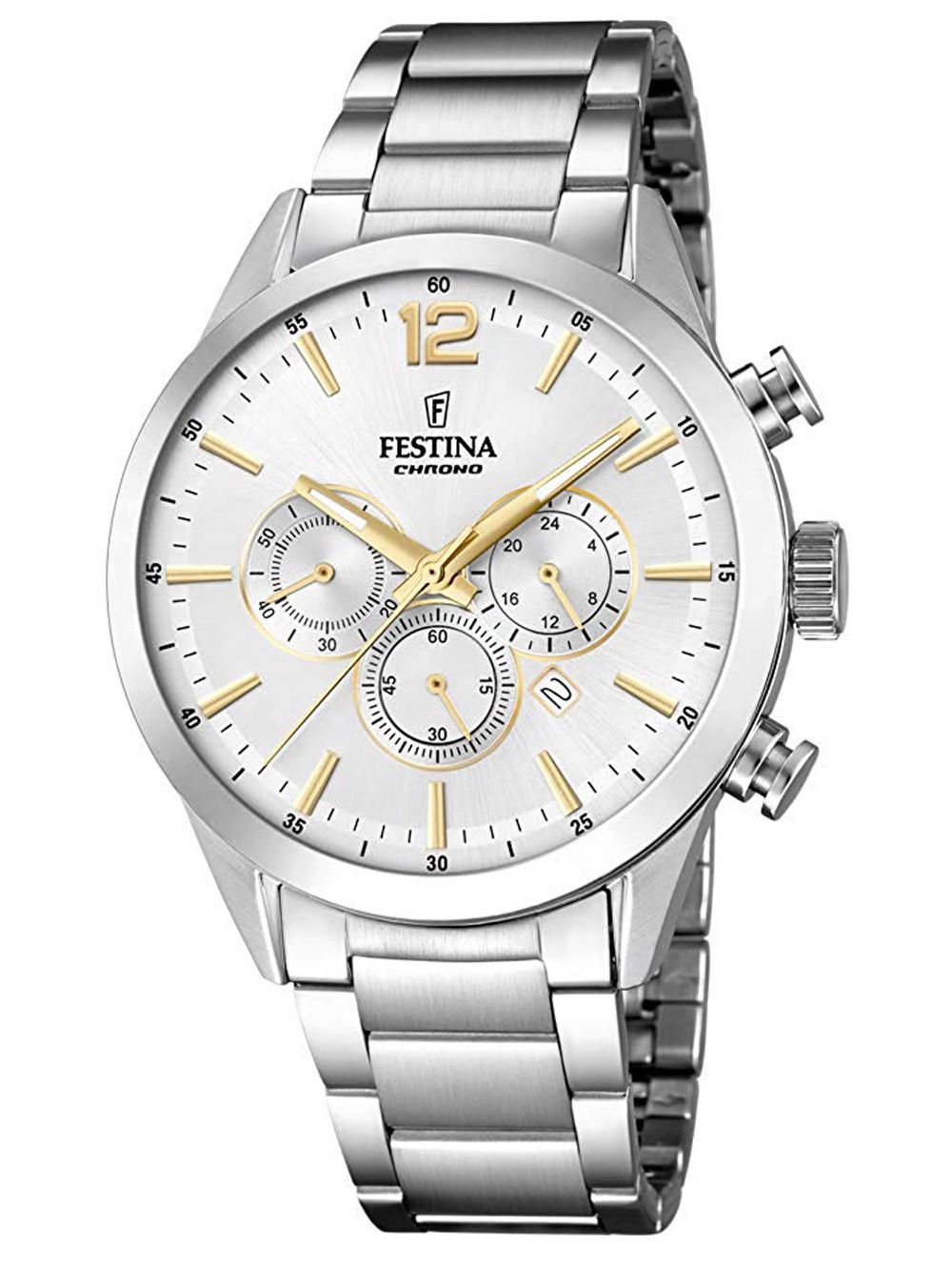Silberne Herrenuhr mit Chronograph, weißem Zifferblatt und Edelstahlarmband