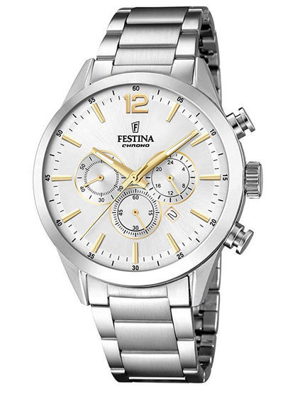 Silberne Herrenuhr mit Chronograph, weißem Zifferblatt und Edelstahlarmband