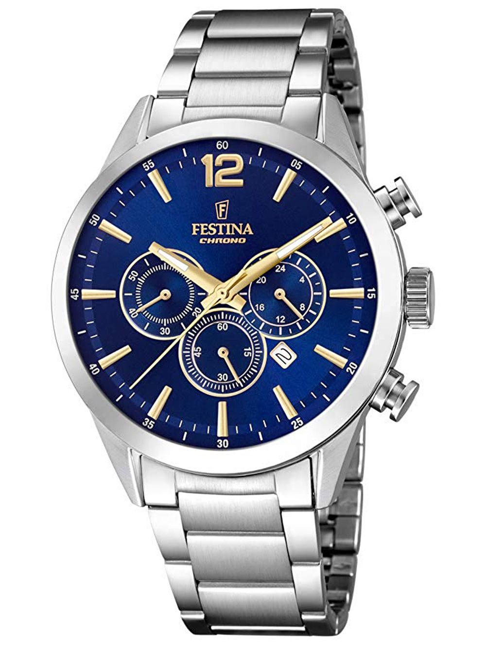Herrenarmbanduhr mit blauem Chronograph-Zifferblatt, goldenen Zeigern und Edelstahlband