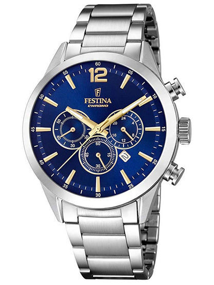 Herrenarmbanduhr mit blauem Chronograph-Zifferblatt, goldenen Zeigern und Edelstahlband