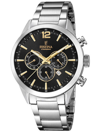 Herrenuhr mit schwarzem Zifferblatt, Chronographenanzeigen und Edelstahlarmband
