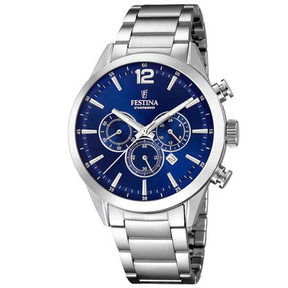Festina Herrenuhr mit Chronograph und Datumsanzeige, blaues Zifferblatt, Edelstahlband