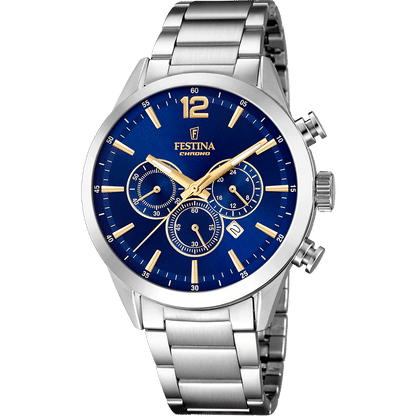 Herren-Chronograph mit blauem Zifferblatt, goldenen Zeigern, Edelstahlarmband