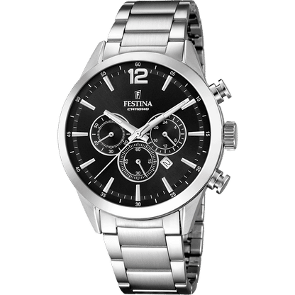 Festina Chronograph-Herrenuhr mit schwarzem Zifferblatt, Edelstahlband und Chronodrückern