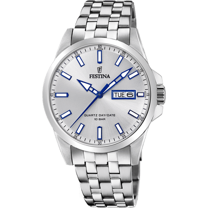 Festina Herrenarmbanduhr mit silbernem Metallarmband, blauem Zifferblatt, Datumsanzeige