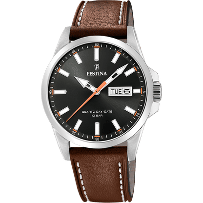 Festina Herrenuhr mit schwarzem Zifferblatt und braunem Echtlederarmband, silbernes Gehäuse