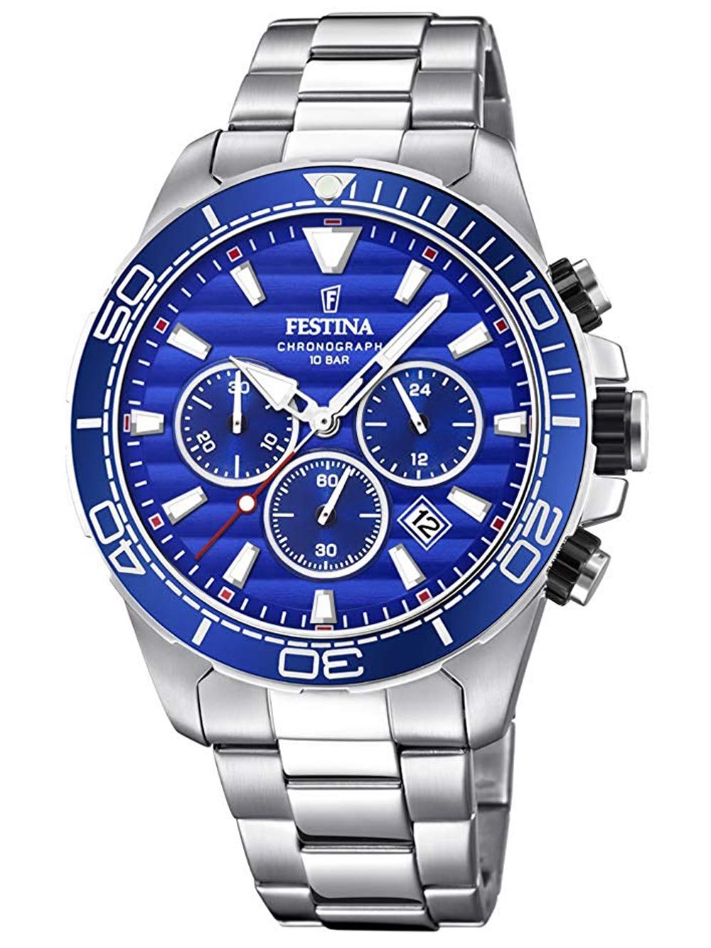 Festina Herrenuhr mit Chronograph, blauem Zifferblatt und Edelstahlarmband, Datum