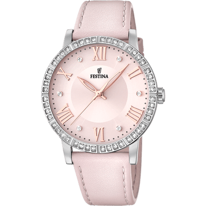 Festina Damenuhr mit rosa Lederarmband, rosafarbenem Zifferblatt und Zirkonia-Lünette