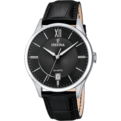 Festina Herrenuhr: schwarzes Lederarmband, silbernes Gehäuse, schwarzes Zifferblatt