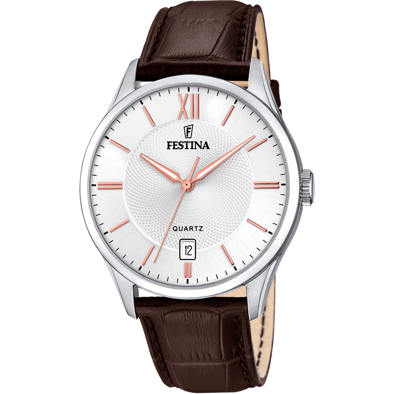 Festina Herrenarmbanduhr mit silbernem Gehäuse, weißem Zifferblatt und braunem Lederband