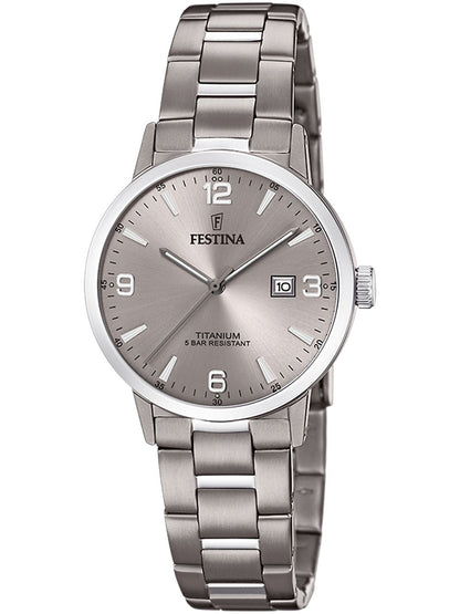Damenuhr mit grauem Zifferblatt, Titandarmband und Datumsanzeige bei 3