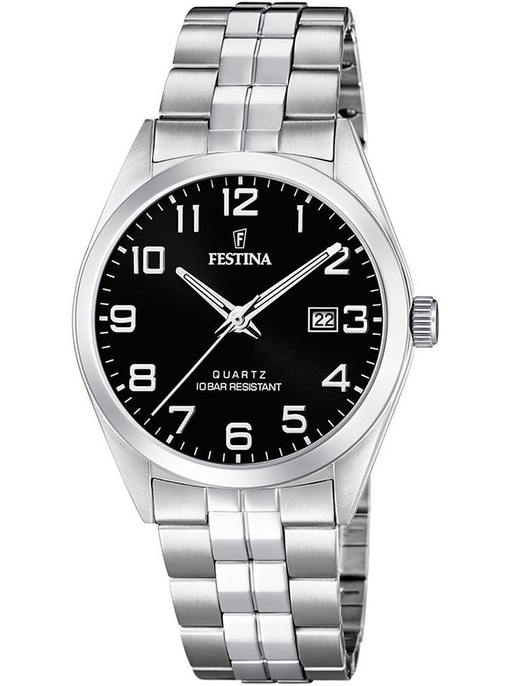 Festina Classics Herrenuhr mit schwarzem Zifferblatt, Edelstahlband und Datumsanzeige