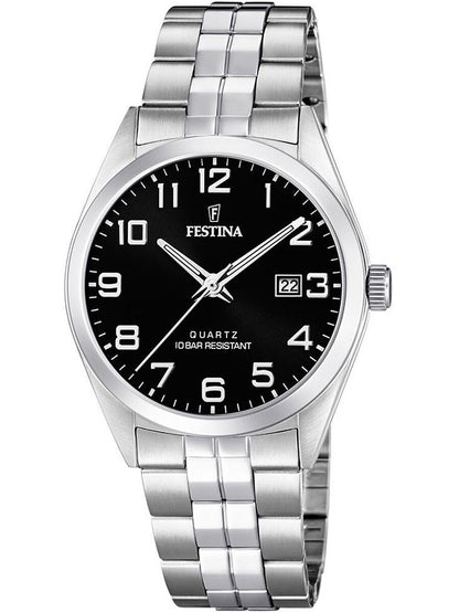 Festina Classics Herrenuhr mit schwarzem Zifferblatt, Edelstahlband und Datumsanzeige