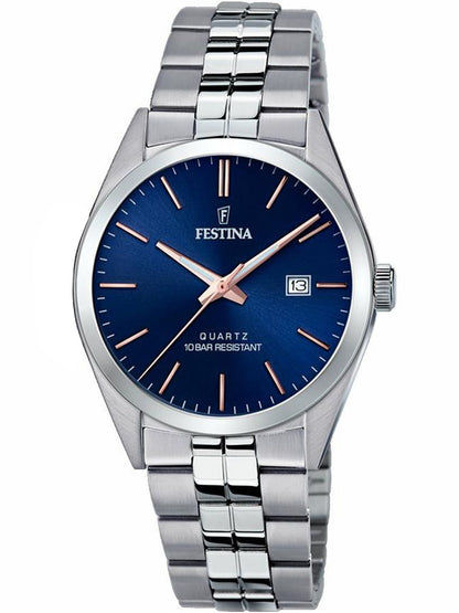 Festina Herrenuhr mit blauem Zifferblatt und Edelstahlarmband, Datumsanzeige bei 3 Uhr