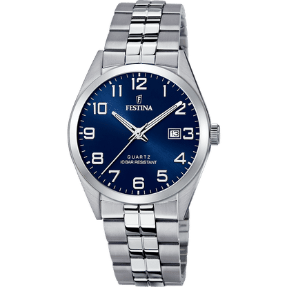Festina-Herrenuhr mit blauem Zifferblatt, Edelstahlarmband und Datumsanzeige bei 3 Uhr